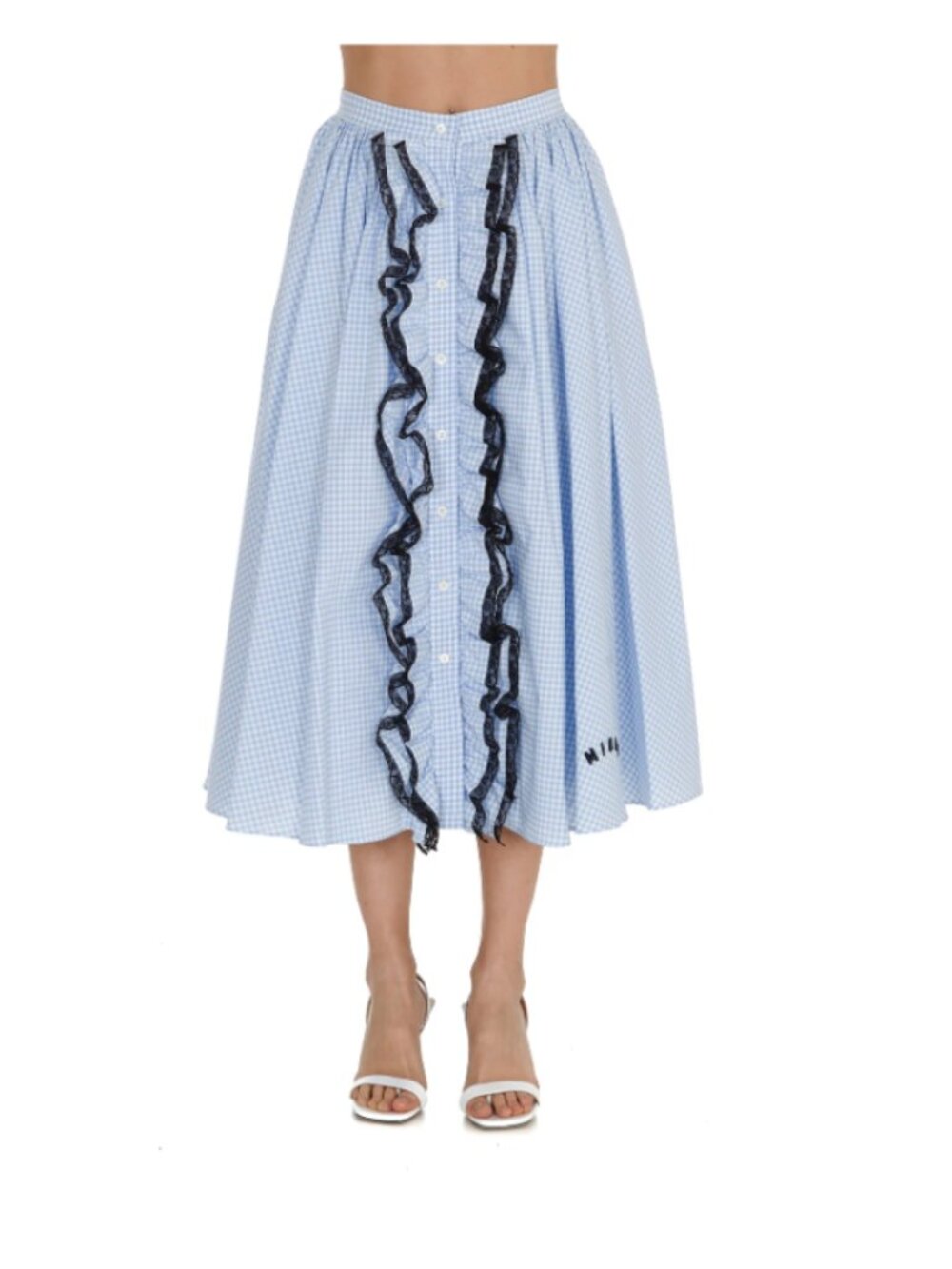 Miu Miu Gingham Ruffled Lace-Trimmed Midi Skirt - Picture 5 of 16